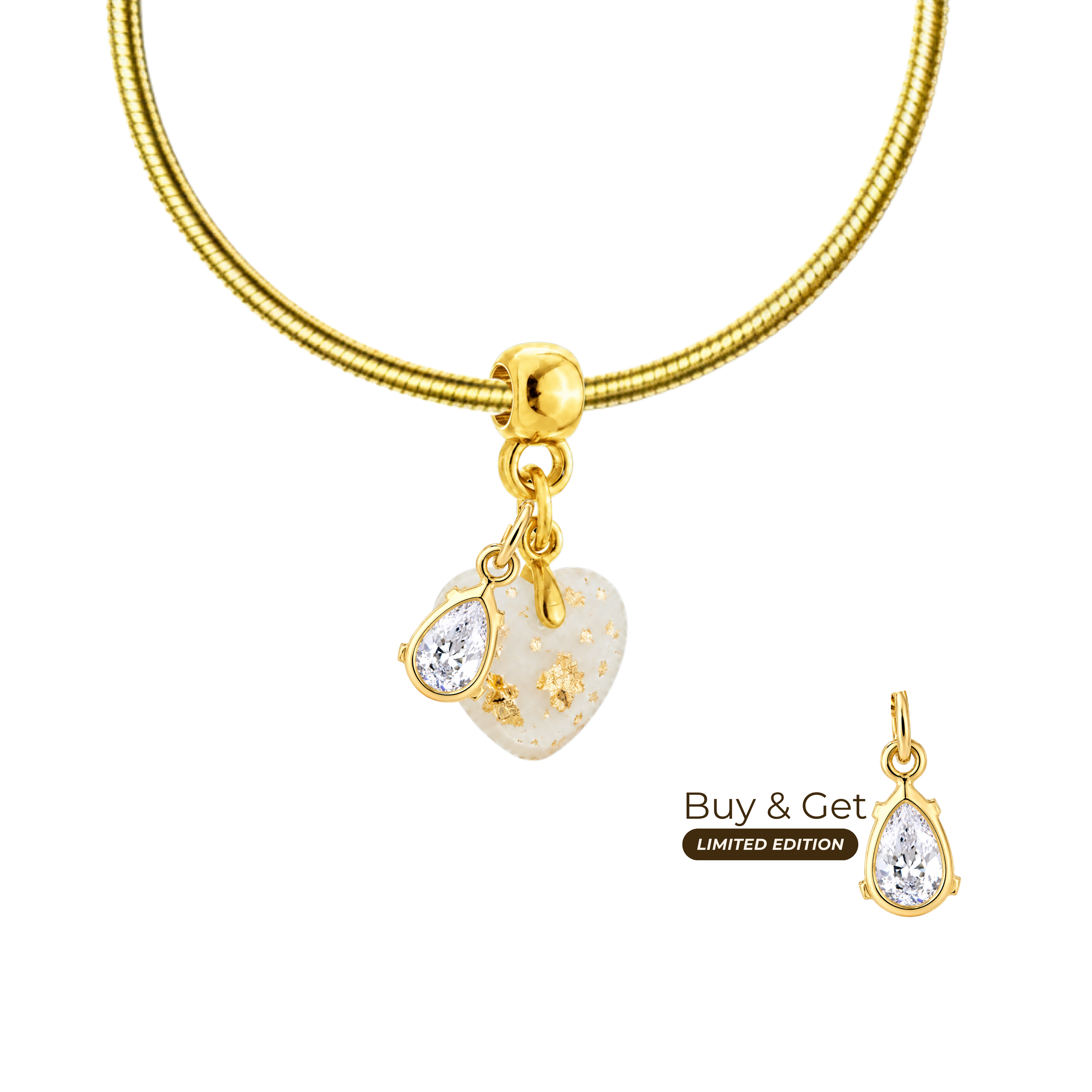 Mini Chubby Heart Charm with Gold Leaf, Bracelet and Zirconia Drop