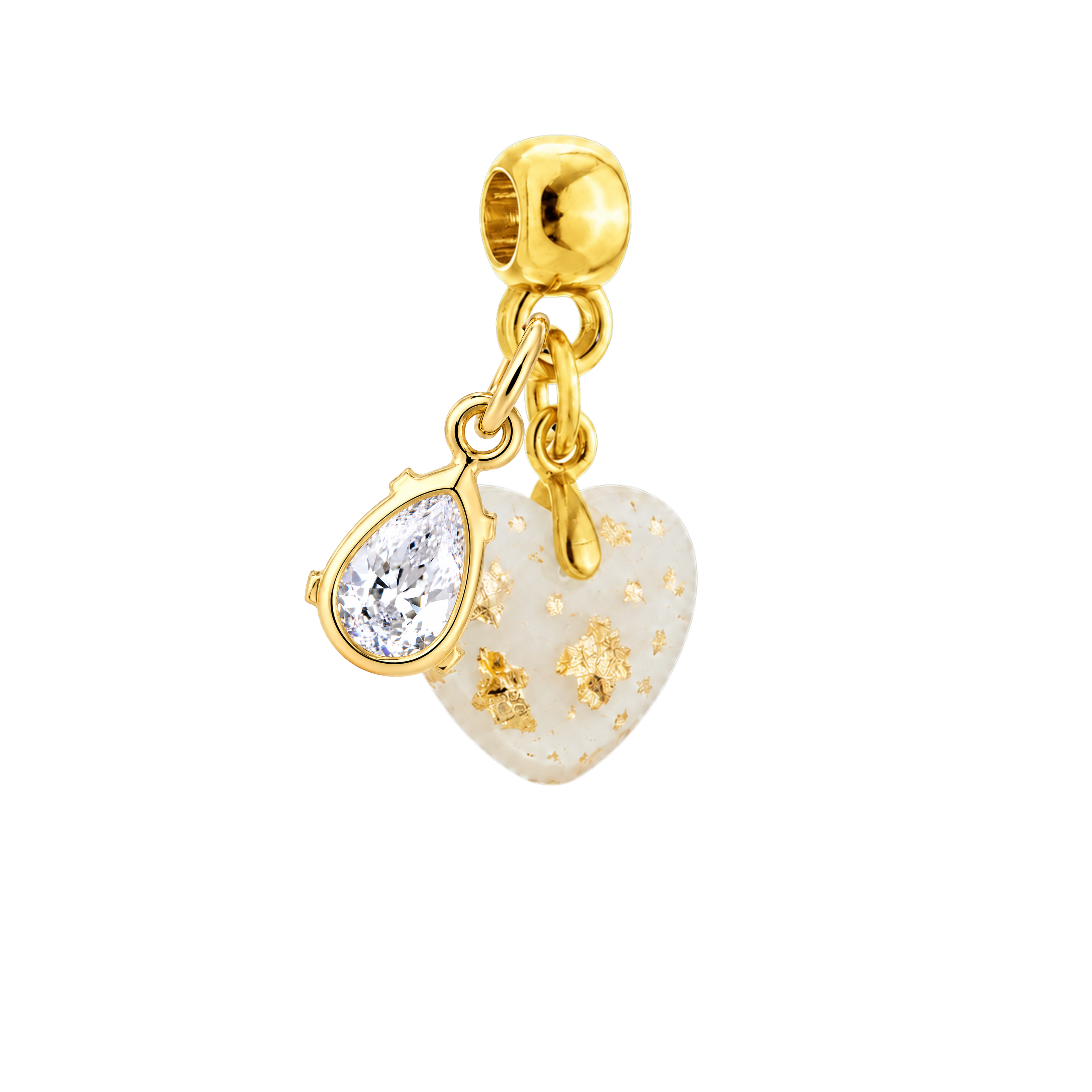 Charm Mini Cœur Rondouillard avec Feuille d’Or et Goutte de Zircone 