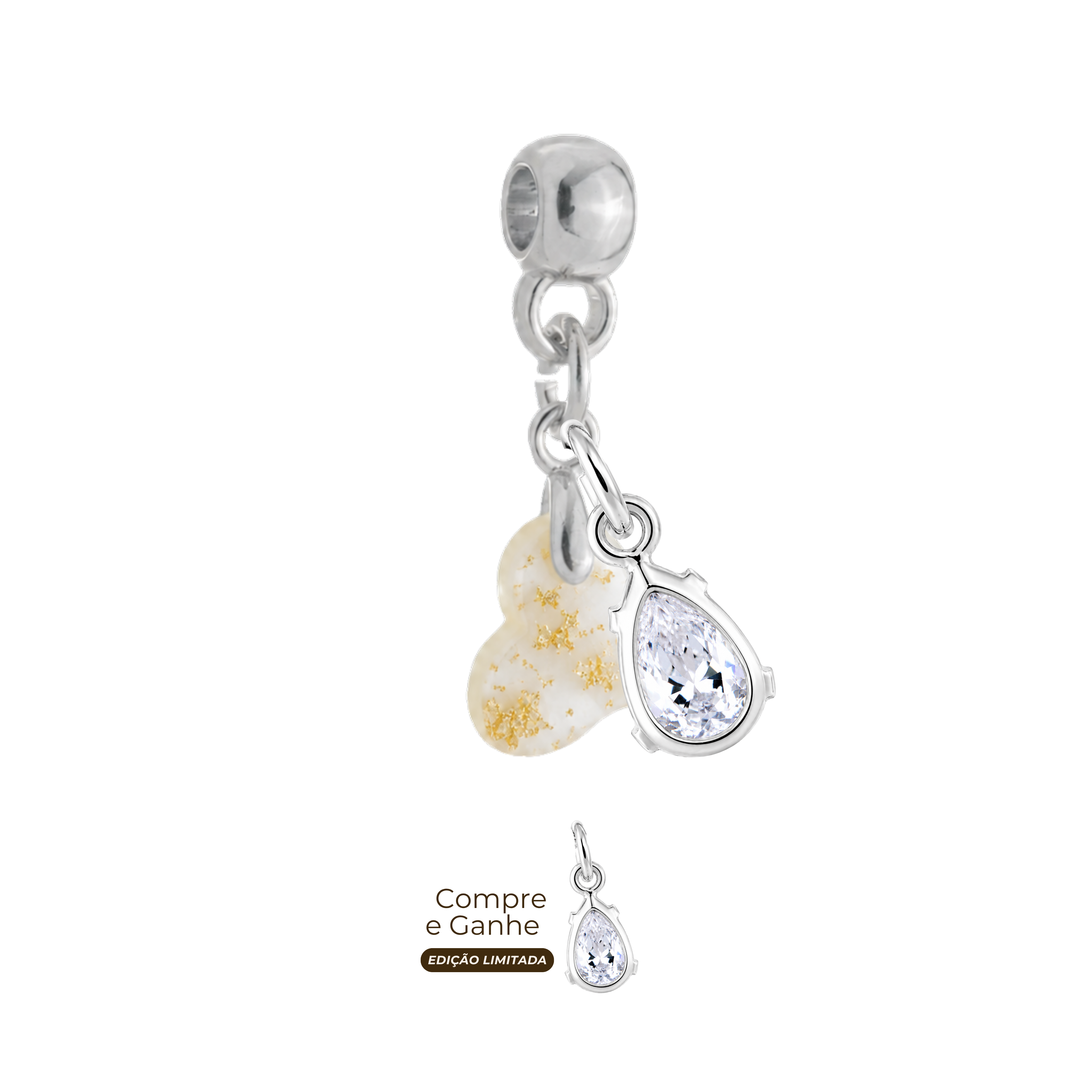 Mini Coração Torcido com Folhas Douradas e Gota Zircônia